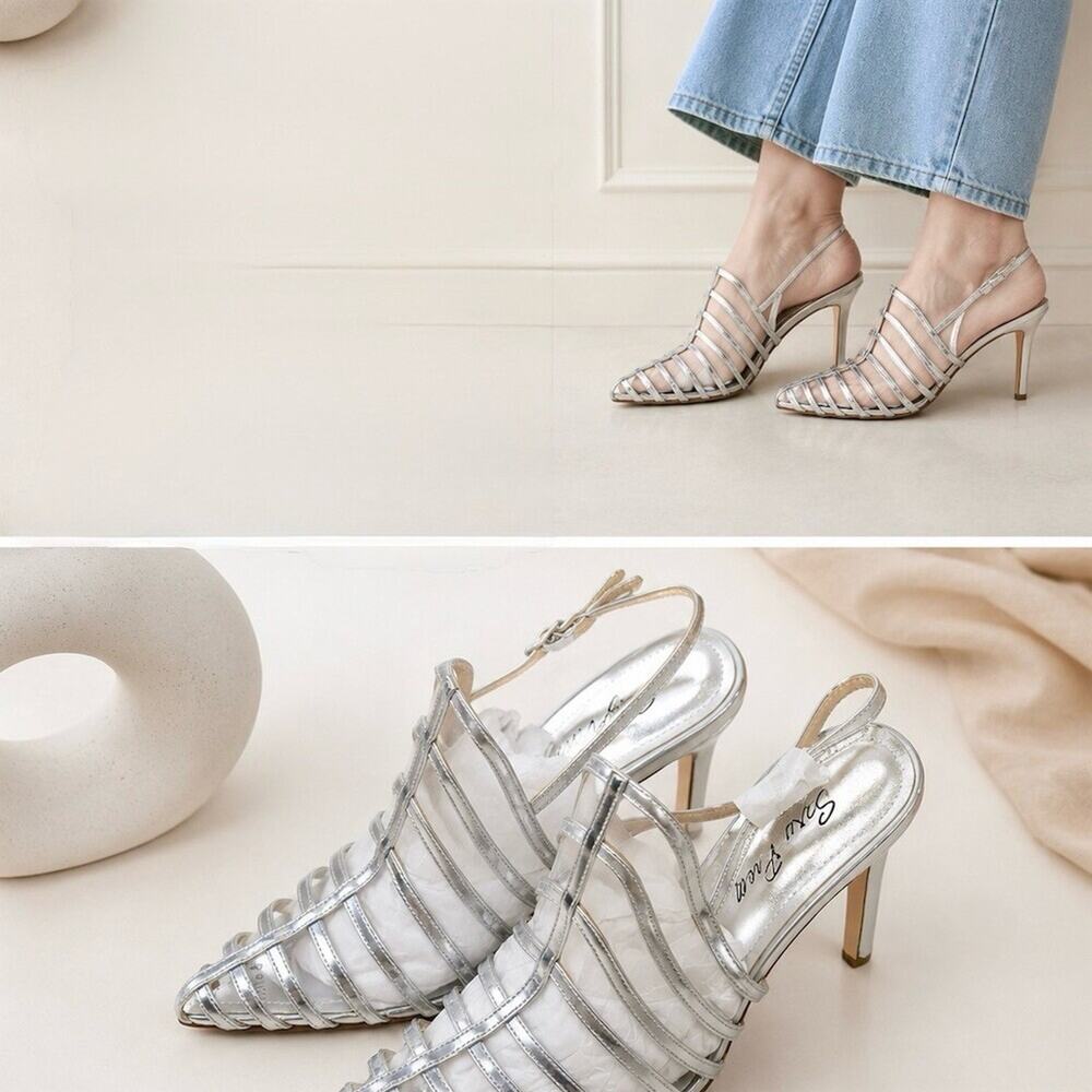 Cute sling back Stiletto Heels Womens Size 7 Silver Strappy formal wedding prom